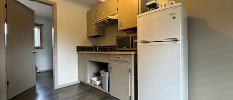 A compact kitchen with a refrigerator, microwave, and cabinets.