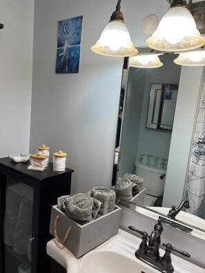 Shower, towels, soap, toilet paper