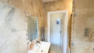 Shower, hair dryer, towels