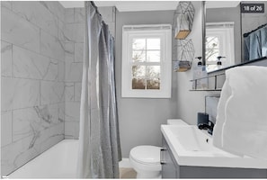 Hair dryer, towels, soap, toilet paper