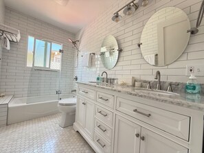 Hair dryer, towels, soap, toilet paper