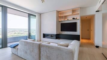 Télévision, cheminée, espaces bureaux