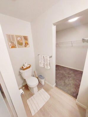 Hair dryer, towels, soap, toilet paper