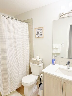Hair dryer, towels, soap, toilet paper