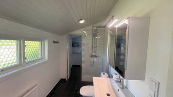 Douche, sĂšche-cheveux, savon, papier toilette