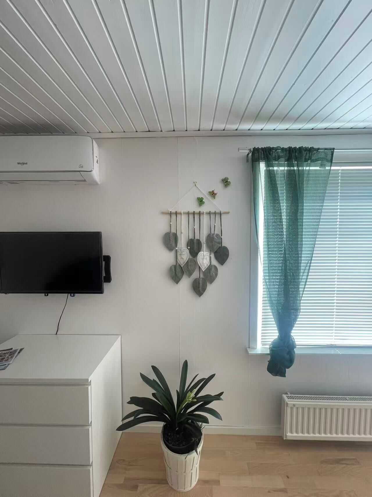 A modern living room with a flat-screen TV, a decorative wall hanging, a potted plant, and a window with curtains.