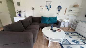 A modern living room with a sectional sofa, a white coffee table, and a patterned rug.