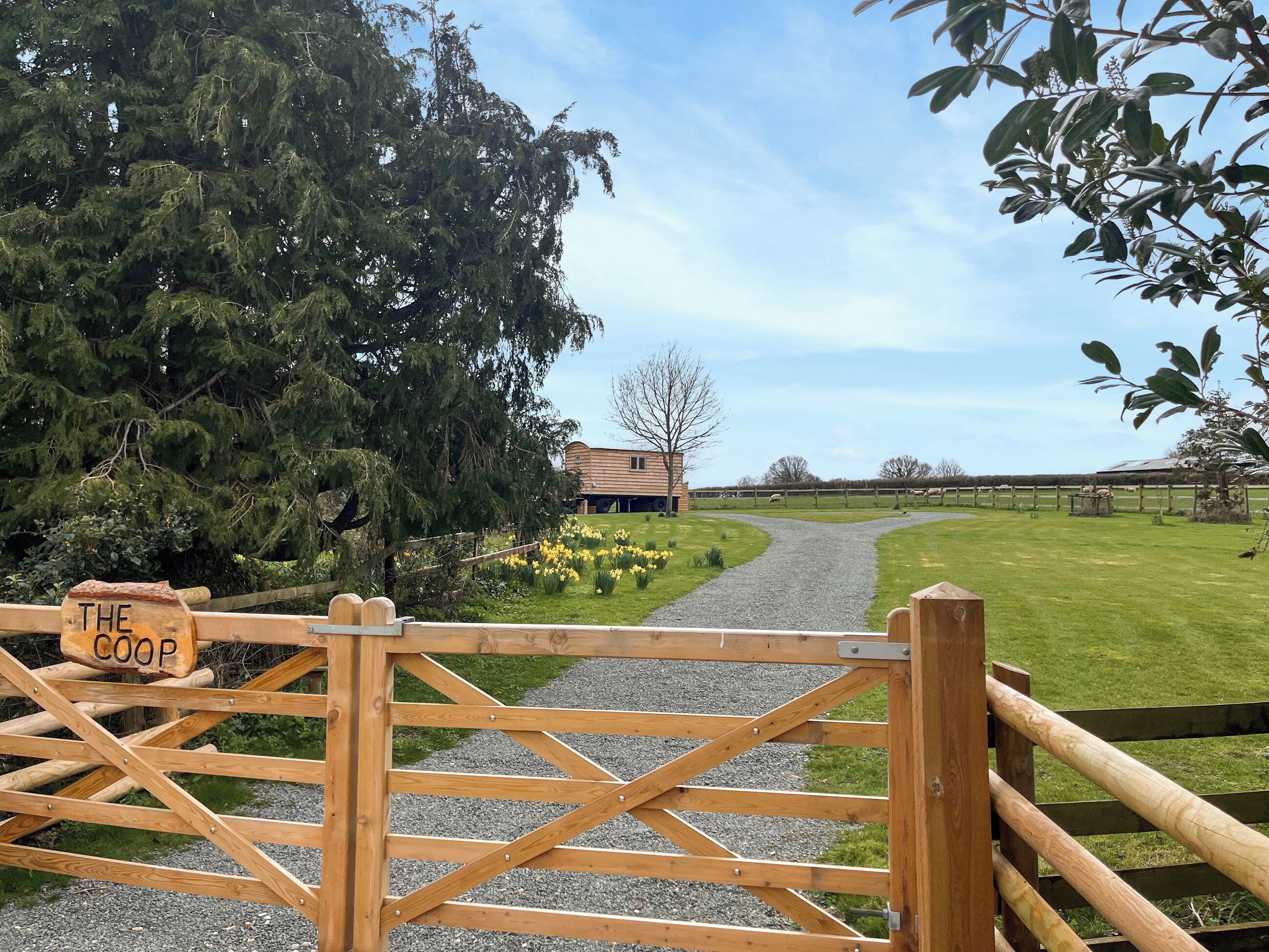 Une porte en bois, sur laquelle on peut lire l’inscription « THE COOP », mène à un espace verdoyant avec un bâtiment visible au loin.