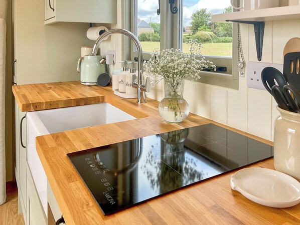 A modern kitchen with a wooden countertop, a black induction cooktop, a stainless steel sink, and a vase with flowers. - 1 bedroom accommodation in Southtown, nr Illminster (Southtown, nr Illminster)