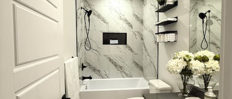 Hair dryer, towels, soap, shampoo