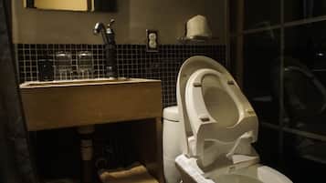 Shower, hair dryer, towels, shampoo
