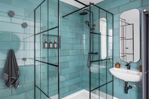 Shower, hair dryer, towels