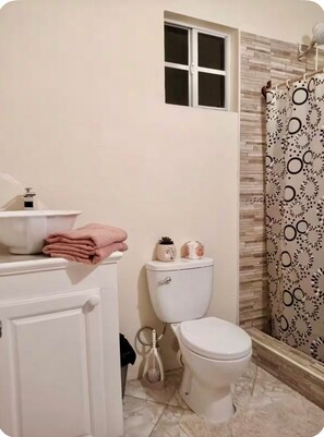 Shower, hair dryer, towels, soap