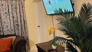 A living room with a flat-screen TV mounted on the wall, a brown sofa, a small table with a potted plant, and a patterned curtain.