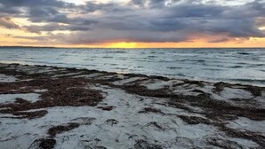 Ein Strand mit felsigem Vordergrund und Sonnenuntergang im Hintergrund.