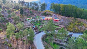 A rural village with terraced fields, a winding road, and colorful houses. - Royal Guest House (Almora)