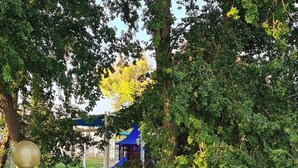 Un parque infantil con toboganes y estructuras para escalar, rodeado de árboles y bancos.