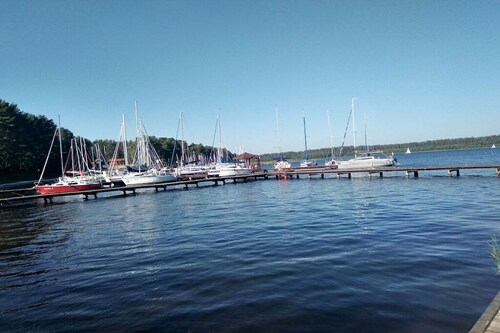 at the lake with a boat