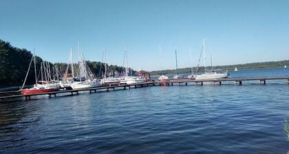 at the lake with a boat