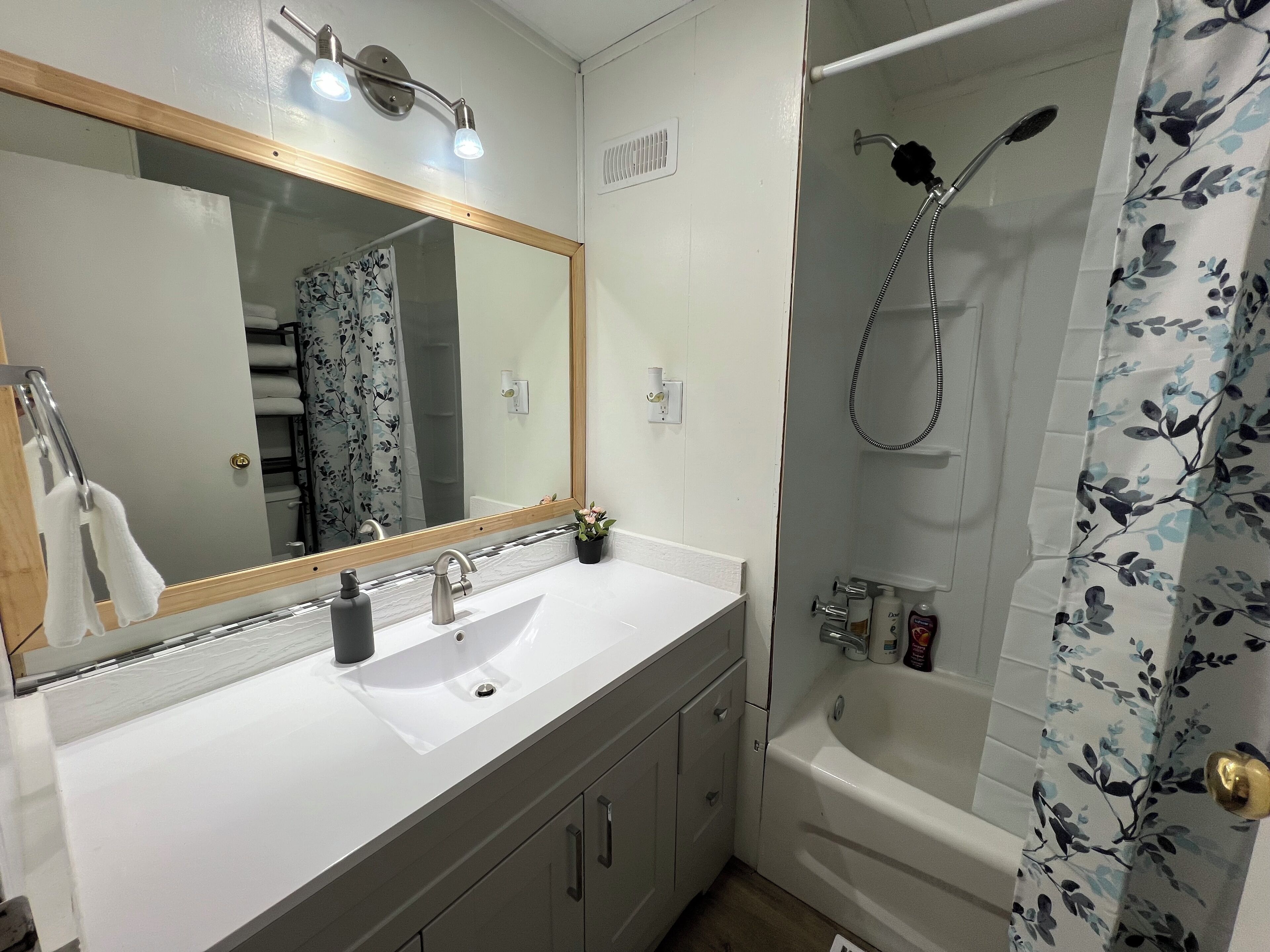 Hair dryer, towels, soap, shampoo