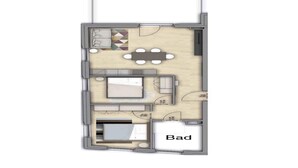 A floor plan of a hotel room with a bed, a desk, a chair, a small table, and a sofa. - Family apartment in Schwaz (Schwaz)