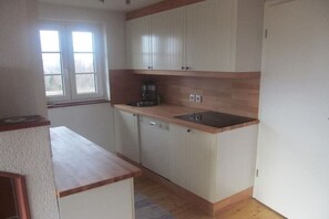 Fridge, stovetop, dishwasher, coffee/tea maker