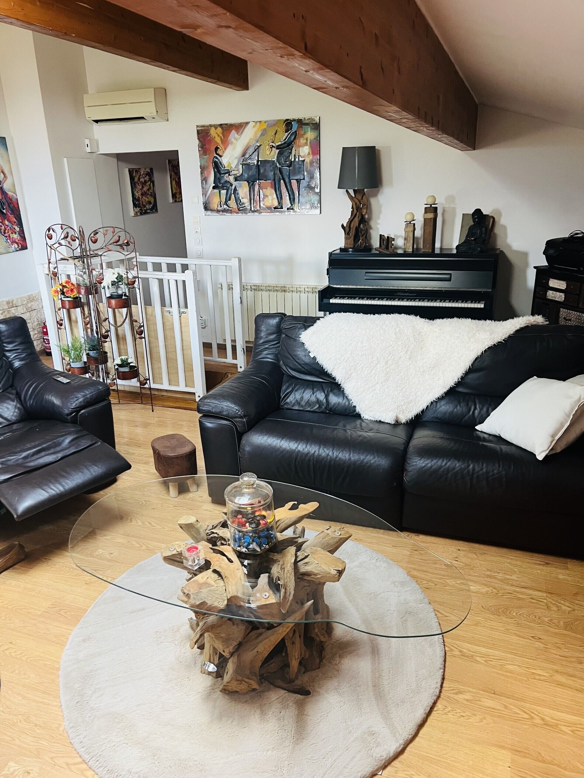 Télévision, cheminée, lecteur de DVD, livres