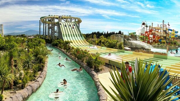 A water park with a large water slide, a wave pool, and a lazy river.