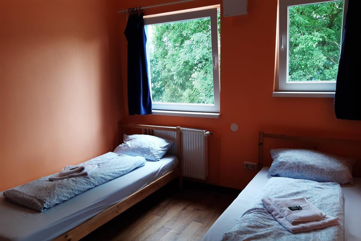 Una habitación con dos camas individuales, suelo de madera, una ventana con vistas a zonas verdes y un radiador.