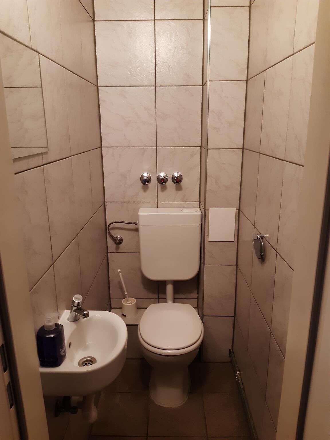 Une petite salle de bain comprenant des toilettes, un lavabo et deux robinets d’évacuation fixés au mur.