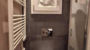 A modern bathroom with a shower, toilet, and towel rack.