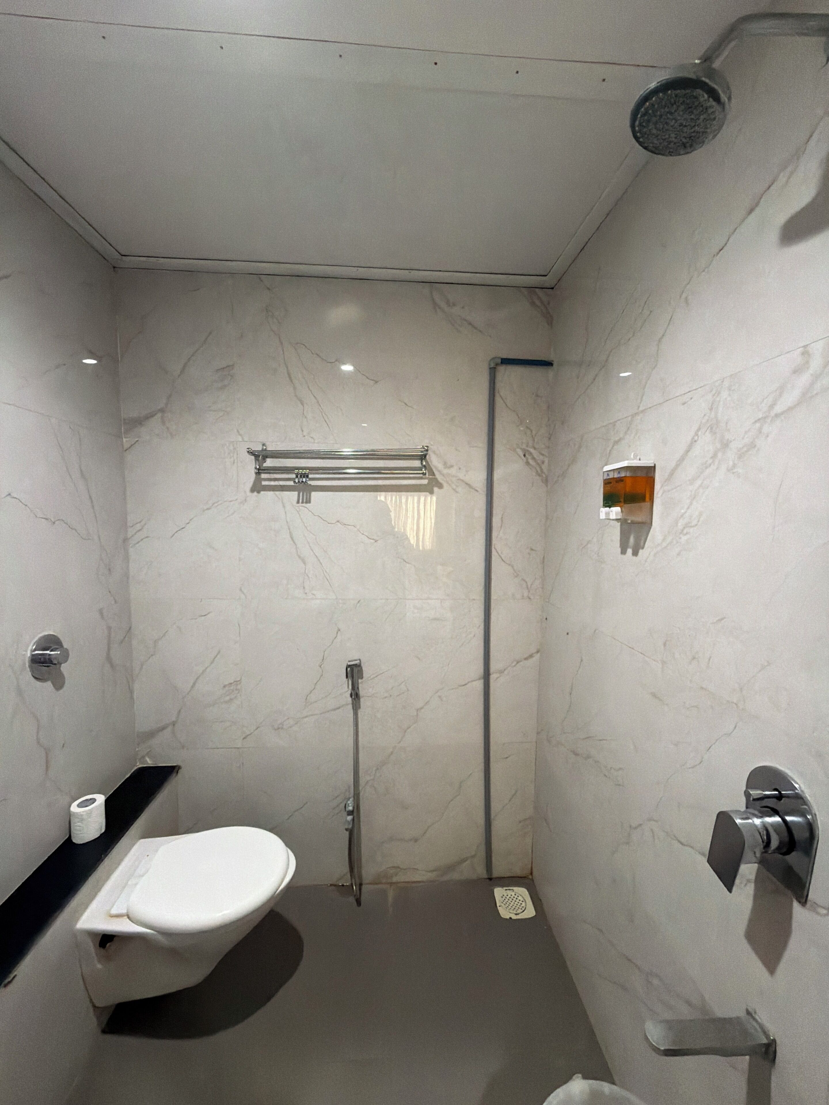 Une salle de bain équipée de toilettes, d’une douche et d’un porte-serviettes.