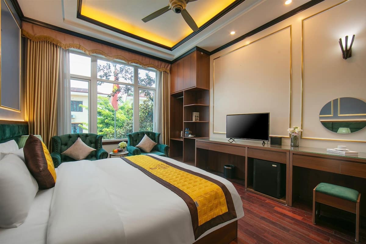 Una habitación de hotel con cama, escritorio, televisión y vistas a zonas verdes.