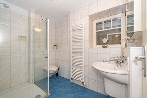 Un baño con cabina de ducha de vidrio, inodoro blanco, suelo con azulejos azules, lavabo blanco con espejo y barra para toallas.