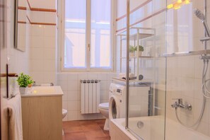 Shower, hair dryer, bidet, towels