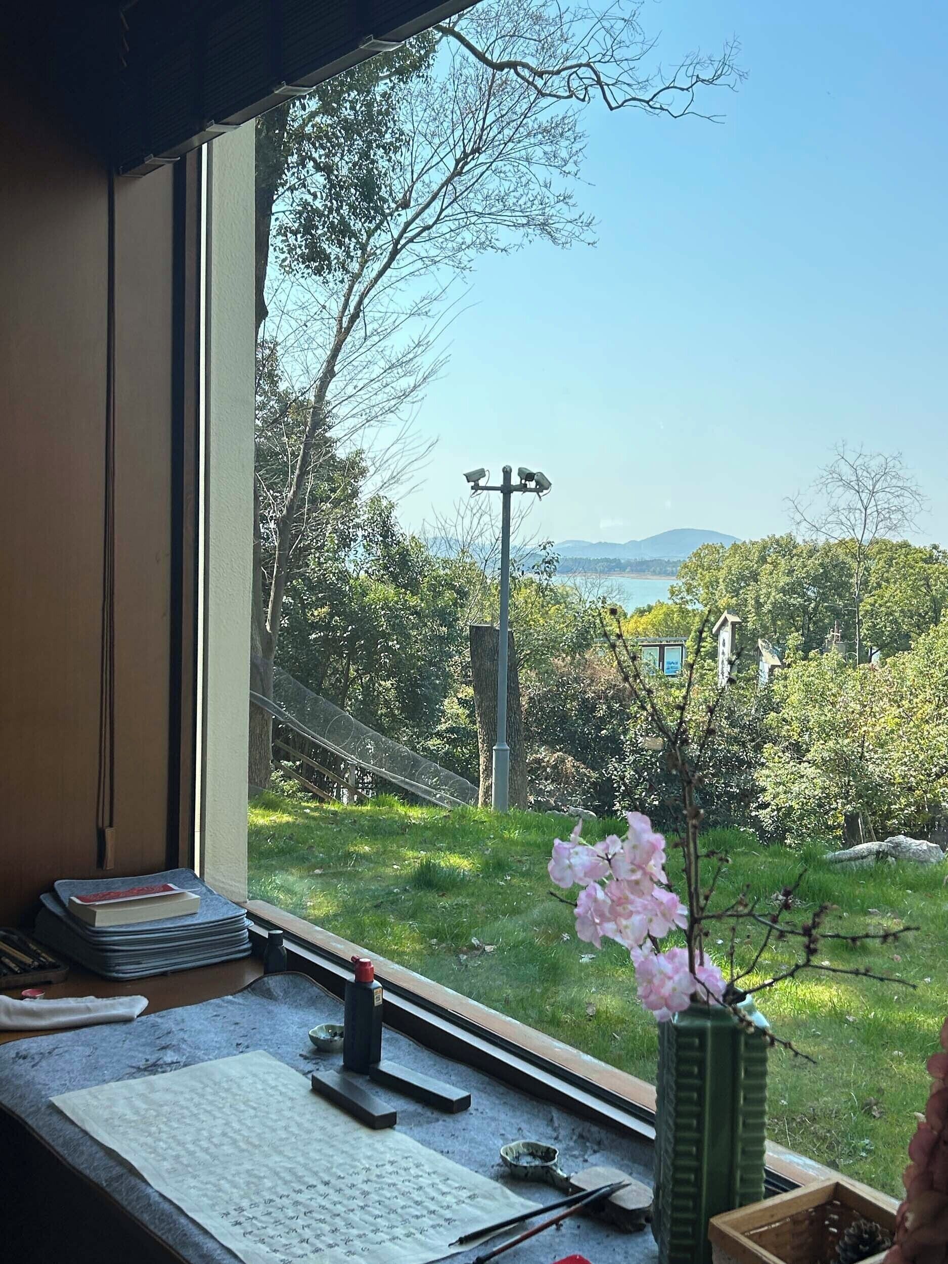 Une pièce dotée d’une grande fenêtre donnant sur un jardin, d’un bureau avec des livres et un vase de fleurs, et offrant une vue sur des arbres et une montagne lointaine.