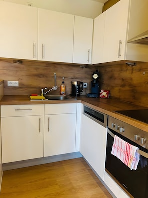 Fridge, oven, stovetop, coffee/tea maker
