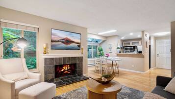 Televisión, chimenea y oficina