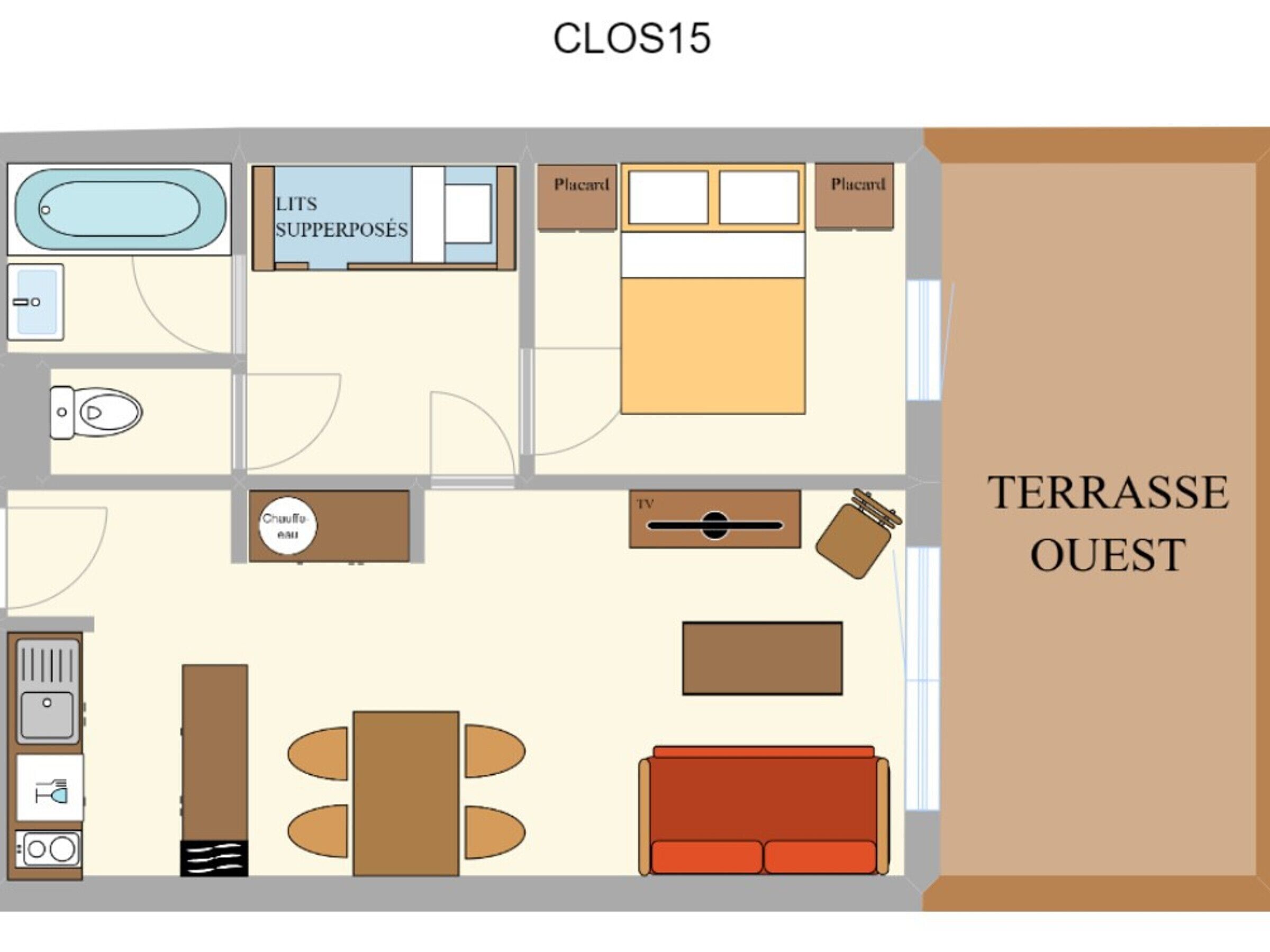 A hotel room layout with a bathroom, kitchenette, sitting area, and a terrace.