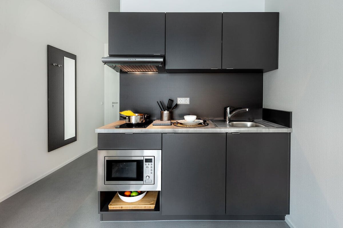 Fridge, microwave, stovetop, cookware/dishes/utensils