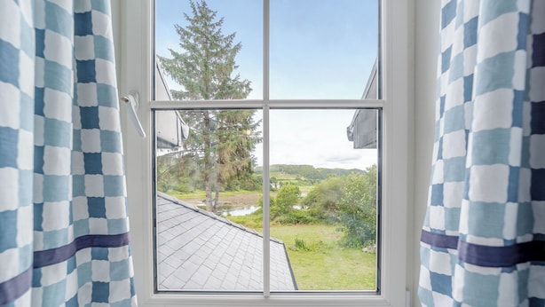 A window with a view of a green landscape, a tree, and a building in the distance.