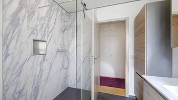 Shower, hair dryer, towels