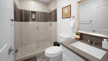 Hair dryer, towels, soap, shampoo