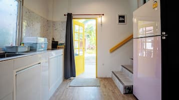Fridge, microwave, stovetop, high chair