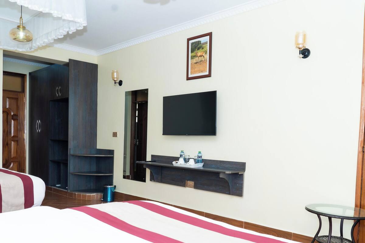 Habitación de hotel con cama, televisor, repisa con artículos de aseo y puerta que da a otra habitación.