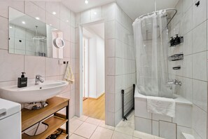 Hair dryer, towels, soap, toilet paper