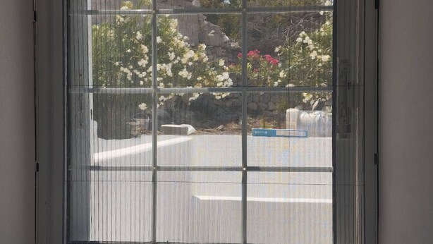 A view through a large window with a metal grid, revealing a parking lot and trees outside.