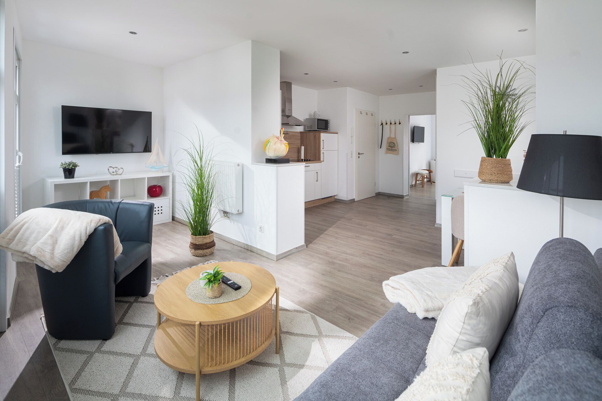 A modern living room with a sofa, a coffee table, and a television.