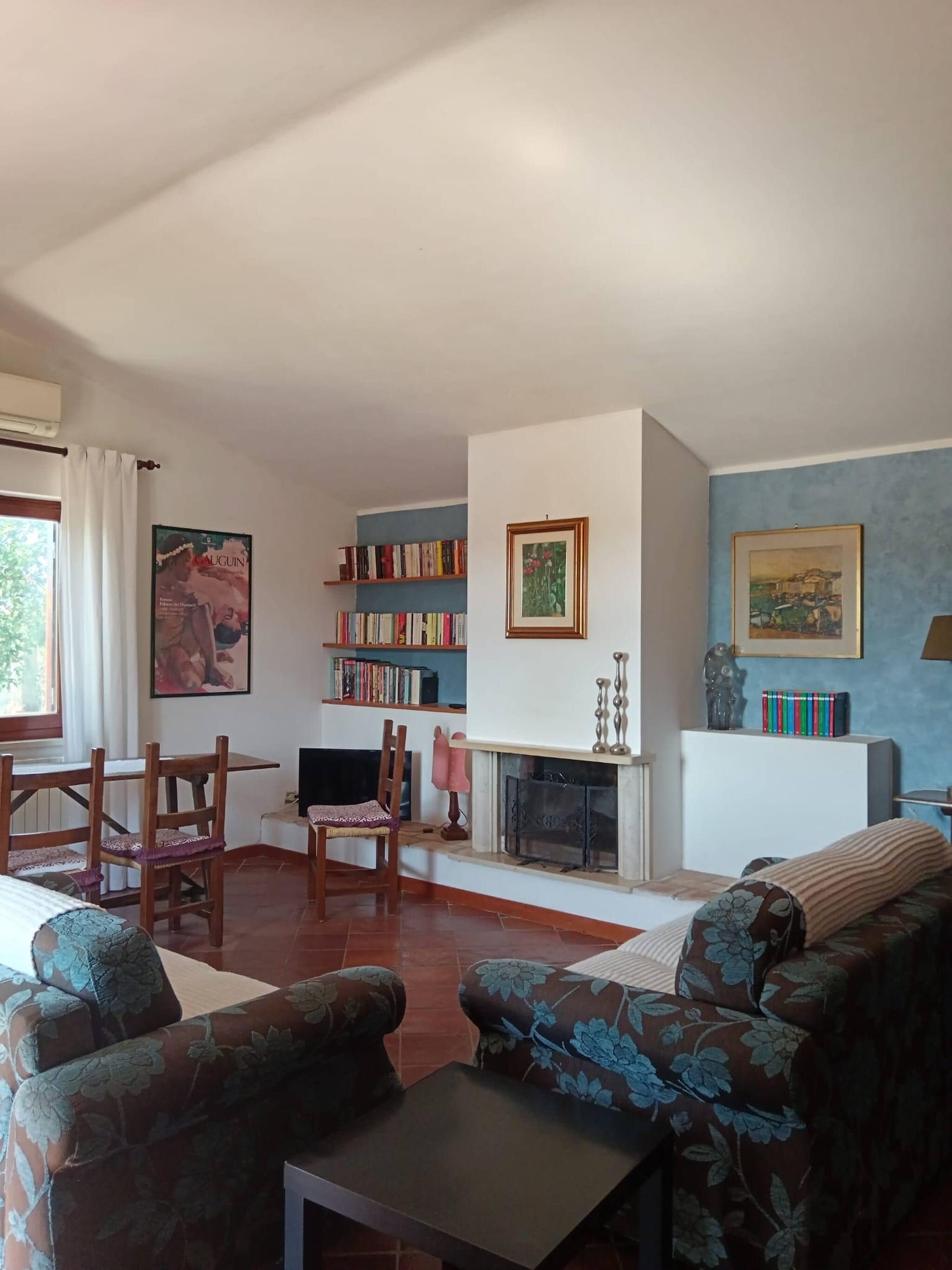A living room with a fireplace, a bookshelf, and a sofa.