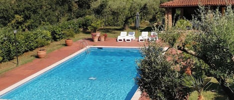A rectangular swimming pool with a clear blue water surface, surrounded by a red tiled deck. There are white lounge chairs and a small gazebo with a tiled roof in the background.